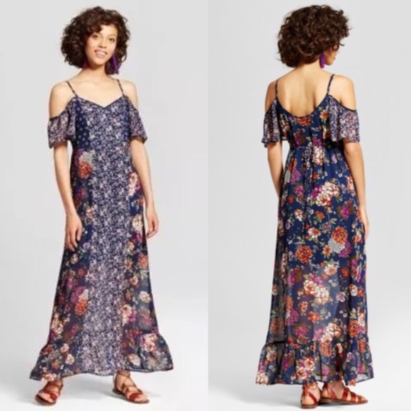 Xhilaration Dresses & Skirts - Cold shoulder mixed floral maxi dress navy blue S